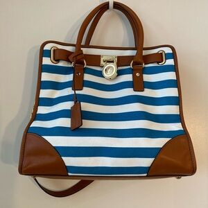 Michael Kors Aqua Blue Striped Hamilton Tote Bag